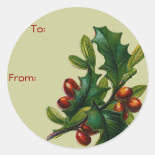 Sticker Rond Vintage Christmas Holly Name Tags