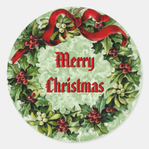 Sticker Rond Vintage Christmas Holly Wreath avec Red Ribbon V09