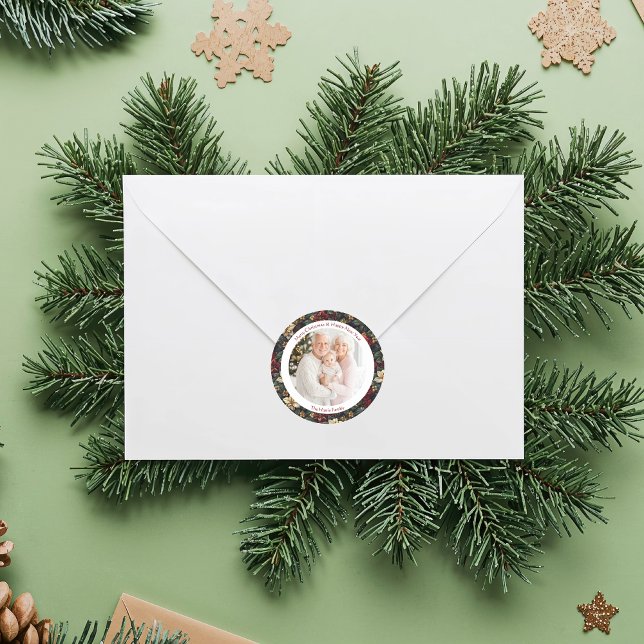 Sticker Rond Vintage Christmas Poinsettias (Vintage Christmas Poinsettias Classic Round Sticker)