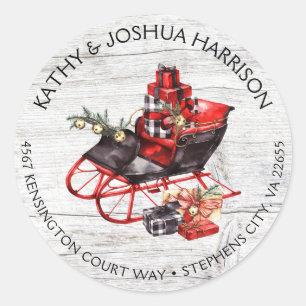 Sticker Rond Vintage Christmas Sleigh and Packages Wood Address