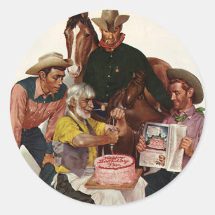 Sticker Rond Vintage Cowboys, joyeuse fête d'anniversaire Tex