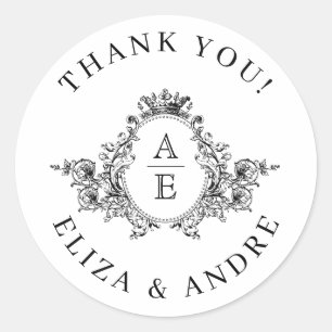 Sticker Rond Vintage Crest Monogramme noir et blanc Mariage