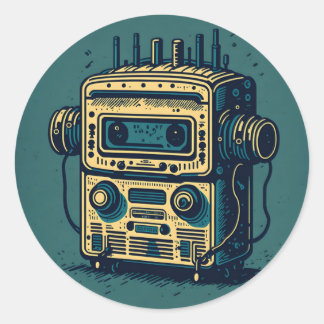 Sticker Rond vintage cute robot radio cassette old dirty rustic