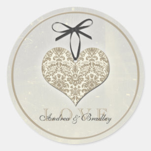 Sticker Rond Vintage Damask Heart Grey Mariage personnalisé