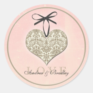 Sticker Rond Vintage Damask Heart Pink Gold Mariage