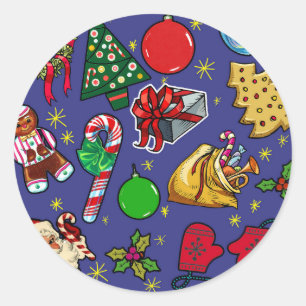 Sticker Rond Vintage de Noël rétro couleur bleu rouge vert