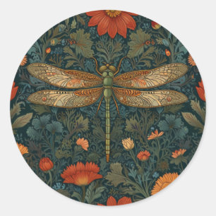Sticker Rond Vintage dragonfly orange floral vert boho chic