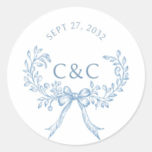 Sticker Rond Vintage Dusty Blue Floral Coquette Monogramme