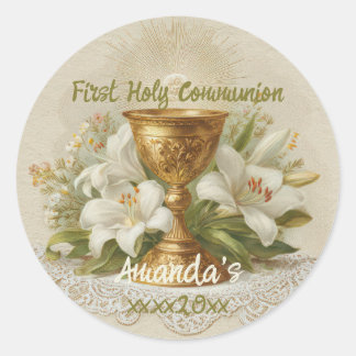 Sticker Rond Vintage First Holy Communion Chalice White Lilies