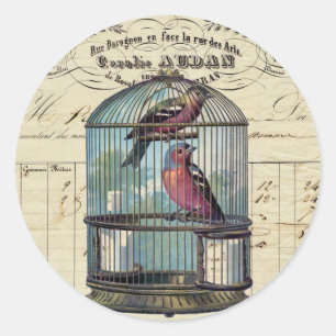 Sticker Rond Vintage Français Chic Inséparables de cage à oisea