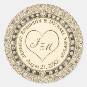 Sticker Rond Vintage Gold Faux Foil Coeur