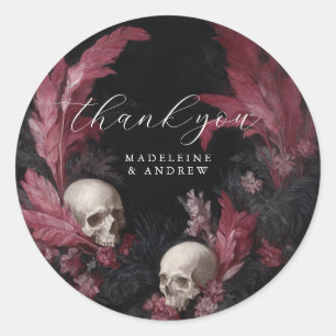 Sticker Rond Vintage Gothique Mariage crâne plumes Merci