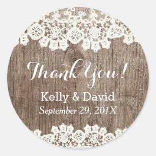Sticker Rond Vintage Grange Lacée Bois Rustique Mariage Merci