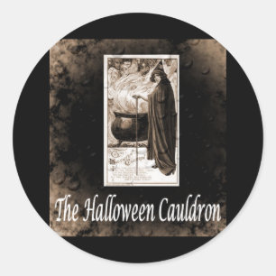 Sticker Rond Vintage Halloween Cauldron B&W