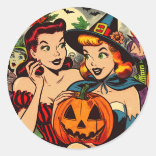 Sticker Rond Vintage Halloween Girls Comics