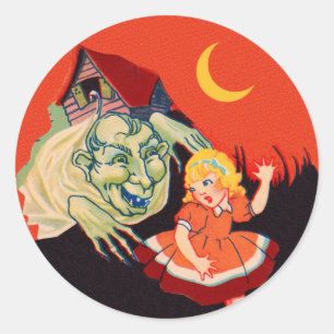 Sticker Rond Vintage Halloween Haunted House Ghost