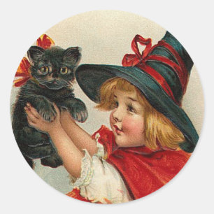Sticker Rond Vintage Halloween petite sorcière tenant un chat n