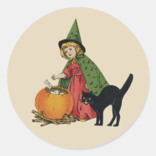 Sticker Rond Vintage Halloween sorch et chat, Ellen Clapsaddle