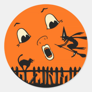 Sticker Rond Vintage Halloween sorcière et lune