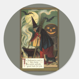 Sticker Rond Vintage Halloween sorcière Stirring Magique Cauldr