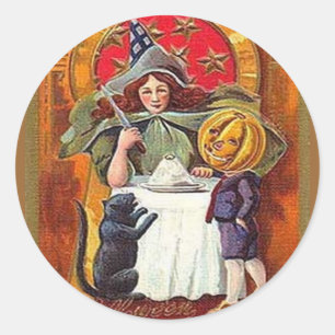 Sticker Rond Vintage Halloween Witch et Citrouille Head Boy