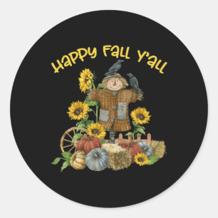 Sticker Rond Vintage Happy Fall Y'all Scarecrow Thanksgiving Ha