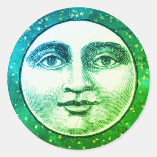 Sticker Rond Vintage homme dans la lune plein visage bleu turqu
