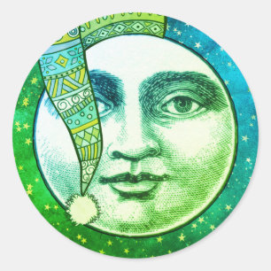 Sticker Rond Vintage homme lune plein visage bleu vert hiver ca