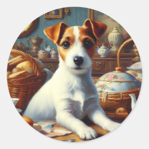 Sticker Rond Vintage Jack Russell Terrier Peinture