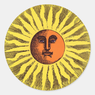 Sticker Rond Vintage jaune céleste souriant Joyeux soleil hippi