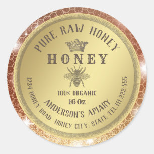 Sticker Rond Vintage jaune doré couronne miel peigne miel pot d