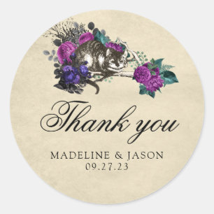 Sticker Rond Vintage jaune violet floral Chat Merci Mariage C