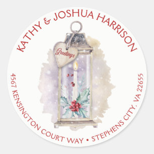 Sticker Rond Vintage Lanterne Holly Feuilles Berries Adresse