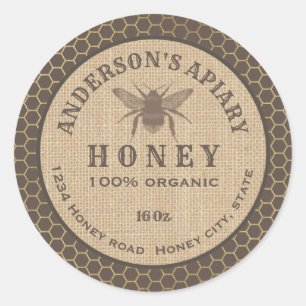 Sticker Rond Vintage lin rustique bee miel peigne miel pot de m