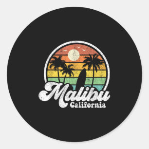 Sticker Rond Vintage Malibu Beach California Ca Surfing Retro S