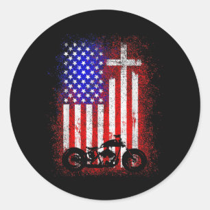 Sticker Rond Vintage Motorcycle USA Drapeau Foi chrétienne pour