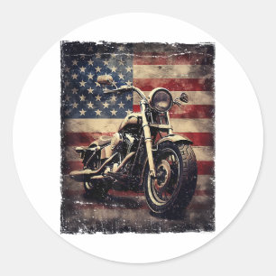 Sticker Rond Vintage Motorcycle USA Drapeau Retro Biker América