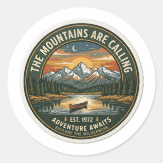 Sticker Rond Vintage Mountains Are Calling Adventure Travel Sti