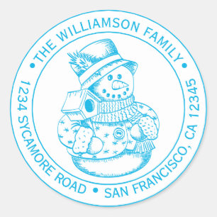 Sticker Rond Vintage Noël Bonhomme de Neige Encre Bleue Adresse