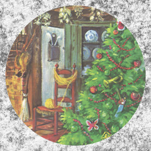 Sticker Rond Vintage Noël, Cabine confortable en rondins avec c