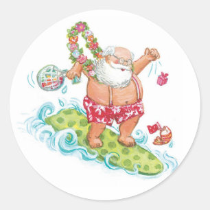Sticker Rond Vintage Noël Cartoon Surf Santa Claus