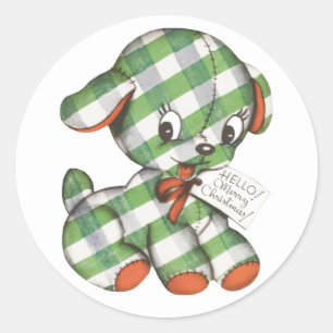 Sticker Rond Vintage Noël En vichy Chien Chien coquelicot anima