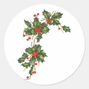 Sticker Rond Vintage Noël, Holly Plante avec les baies rouges