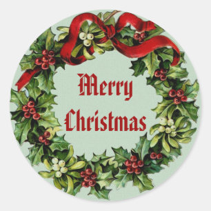 Sticker Rond Vintage Noël Holly Wreath avec ruban rouge V03