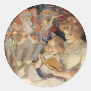 Sticker Rond Vintage Noël, Mère Lecture Bedtime Story