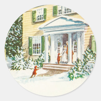 Sticker Rond Vintage Noël Neige d'hiver Retour Maison
