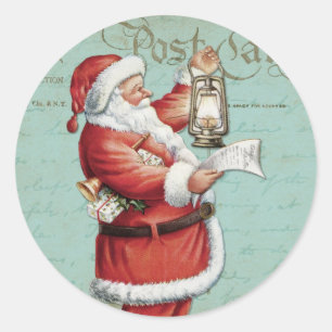 Sticker Rond Vintage Noël Santa Claus Bleu Antique Holiday