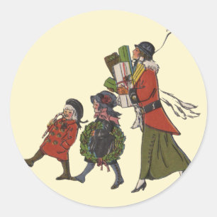 Sticker Rond Vintage Noël Shopping Famille Amusants