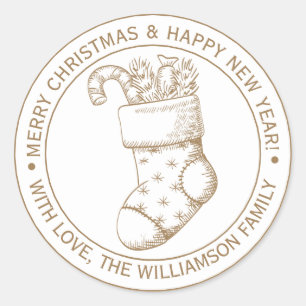 Sticker Rond Vintage Noël Stocker Vis de vacances Or