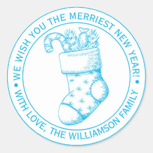 Sticker Rond Vintage Noël Stocker Vis Vacances Encre Bleue